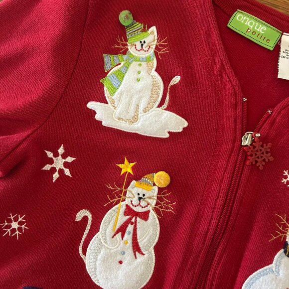 Vintage 80s Christmas CAT Full Zip Embroidered Sweater Size Petite Large Snowman - Picture 5 of 12